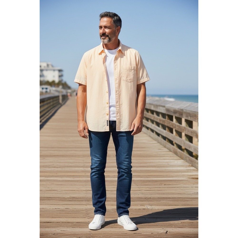 Caribbean Blues Roundtree & Yorke Peach Short Sleeve‎ Tencel Cotton Shirt XL